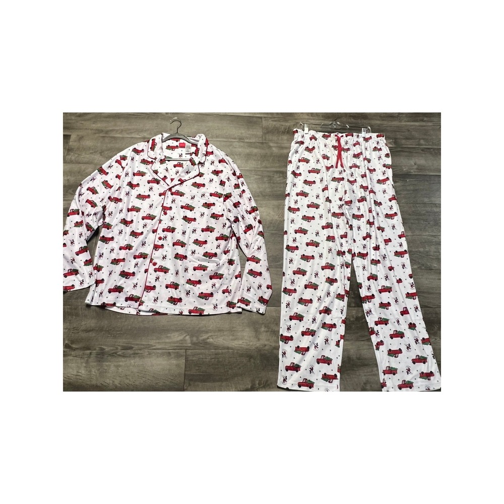Disney Pajama Set XXL Mickey Mouse Christmas White Fleece Red Truck Holiday